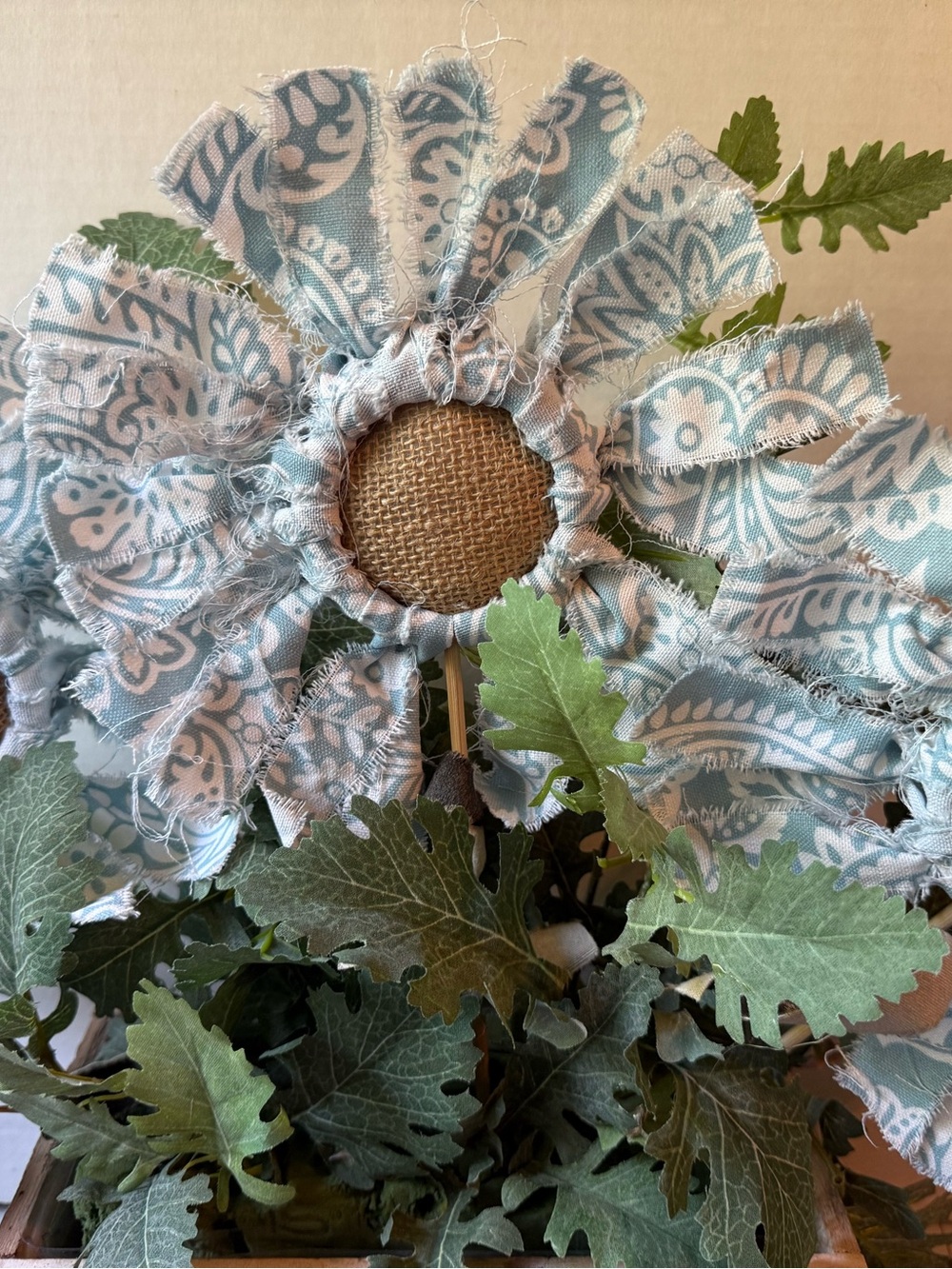 Blue Paisley Fabric Sunflower Arrangement in Wood Planter - Picture 8 of 11